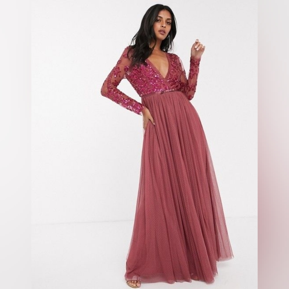 Needle & Thread Sequin Bodice Tulle Mesh Formal Gown Maxi Dress Raspberry Size 6